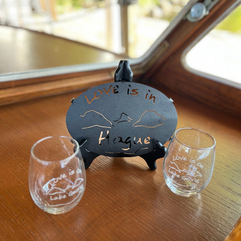 Lake George Stemless Wine Glasses and Hague Trivet Gift Set