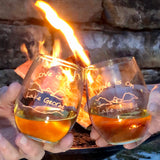 Love is on Lake George logo including the lake and mountains on a pair of stemless wine glass