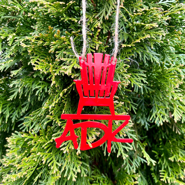 ADK Chair metal ornament with ADK spelled out; color red