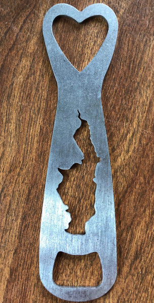 Metal bottle opener with a heart cut out on the top, silhouette of Glen Lake cut out in the body, and bottle opener cut out at the bottom.