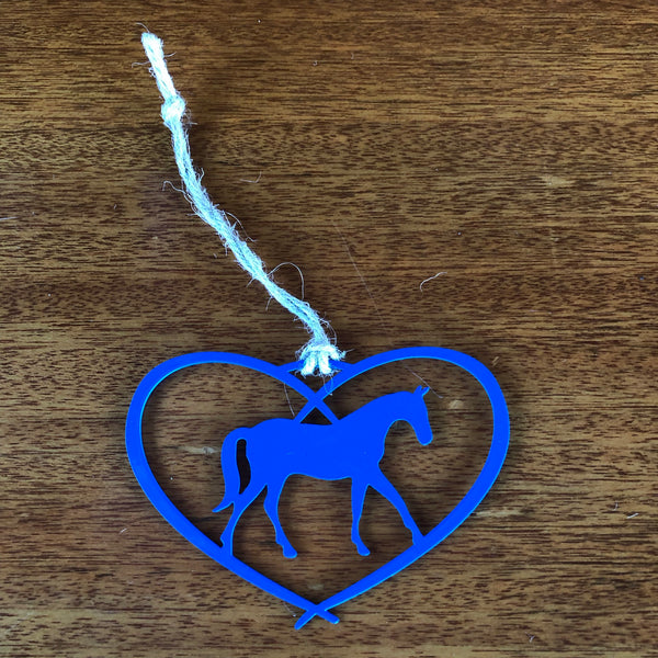 Horse in a heart ornament with a metal hanger; blue