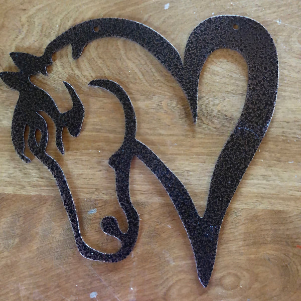Metal Horse head attached to a heart wall mount; copper pebble finish