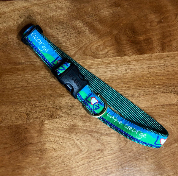Lake George text along with our LheartG logo incorporated into a lake and mountain scene dog collar.