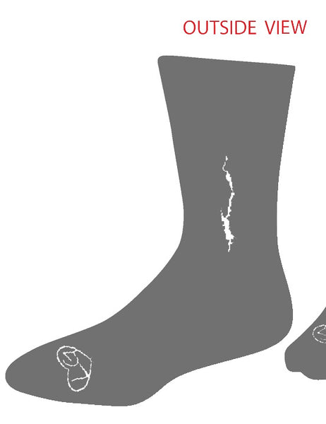 Silhouette of Lake George on the leg of both sides of a gray sock. 