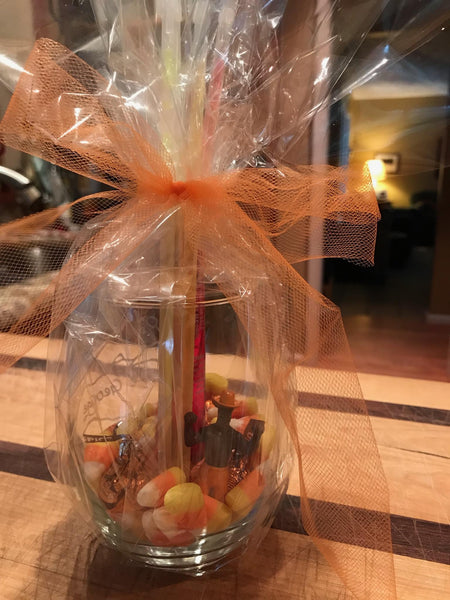 Love is on Lake George logo including the lake and mountains on stemless wine glasses