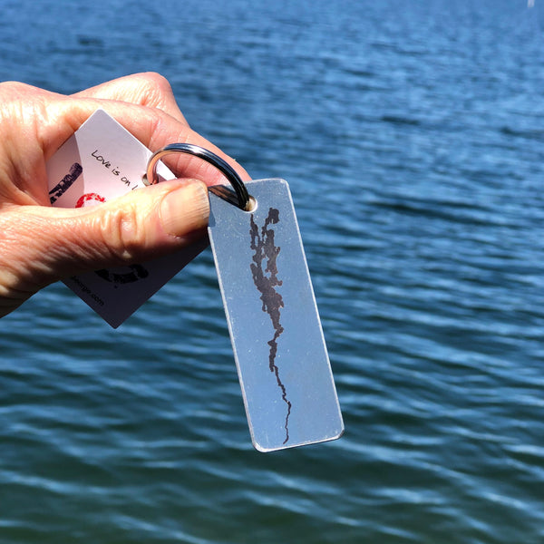 Silhouette of Lake Champlain on a stainless keychain.