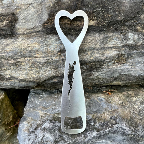SIlhouette of Lake Champlain stainless bottle opener