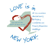 Love is in New York text arched above/below the state of New York with an interlocking heart. You are at the heart of what we do is spelled out in the body of the state.  All Occasions, Anniversary, Birthday, Conferences,Family Reunions,Weddings is spelled out to the far right of the gift card.