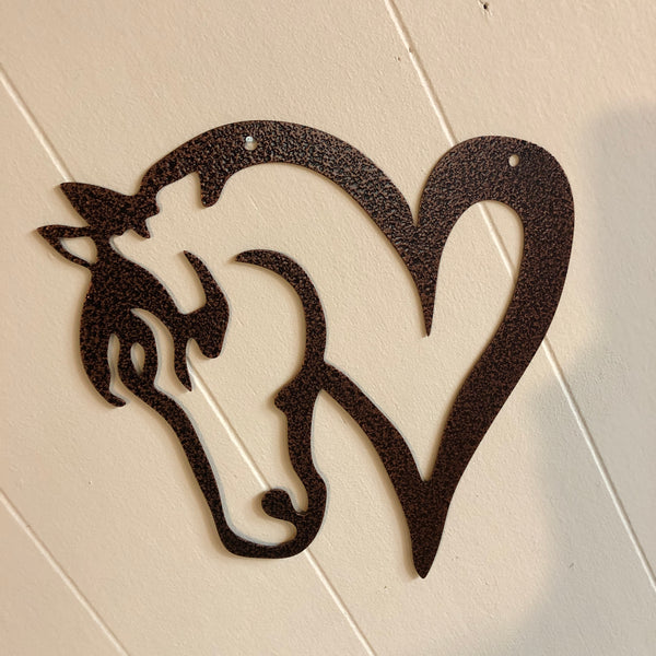 Metal Horse head attached to a heart wall mount; copper pebble finish