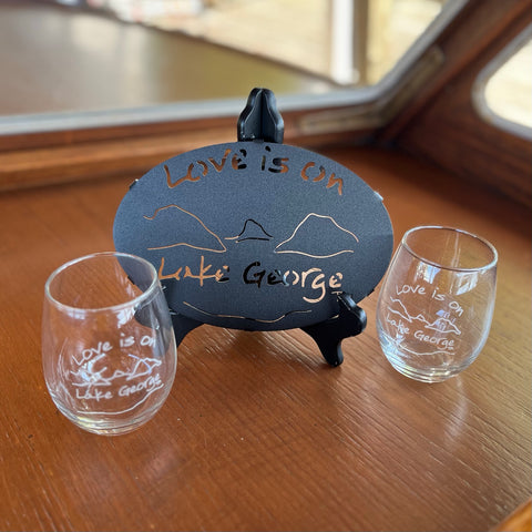 Lake George Stemless Wine Glasses and Trivet Gift Set