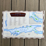 Laminated map of the Islands of Lake George including some fun facts. Two-sided; white background, blue lake and green islands.