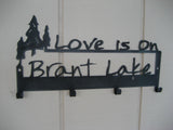 Two lines of text that include a grouping of three trees and Love is on Brant Lake.  Graphite Black powder coated.
