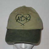 ADK in our heart silhouette embroidered on a unisex two tone kahki/green ball cap.