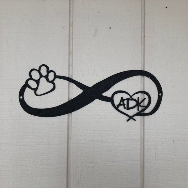 ADK in a heart and Paw connected with the infinity loop black metal sign.