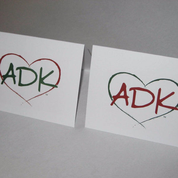 Adirondacks note cards have our interlocking Love is in the Adirondacks ADK Heart silhouette in alternating colors; red/green