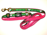 Adirondack Dog leash with our ADK in a heart logo, a dog bone, paw and the Adirondacks on a ribbon with webbing on the other side of the dog leash; comfort fleece handle; pink