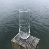 Stemless wine flute with our lake and mountain graphic.  Love is in Bolton Landing is the text.