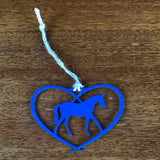 Horse in a heart ornament with a metal hanger; blue