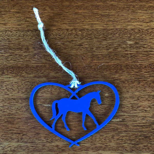 Horse in a heart ornament with a metal hanger; blue