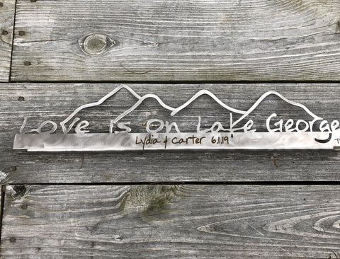 Lake George Stainless Metal Sign with Mountains