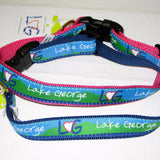 Lake George text along with our LheartG logo incorporated into a lake and mountain scene dog collar.