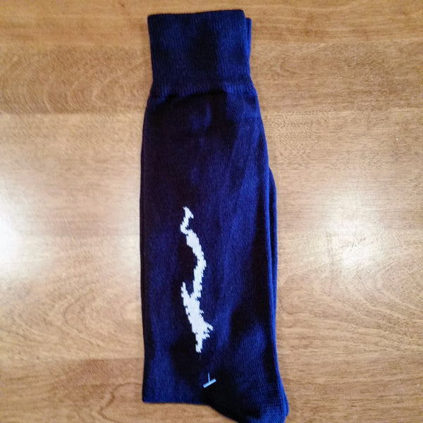 Silhouette of Lake George on the leg of both sides of a sock.  