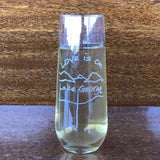 Love is on Lake George text sand blasted on a stemless champagne flute with the Lake and moutain outline.