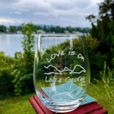 Love is on Lake George logo including the lake and mountains on a stemless wine glass
