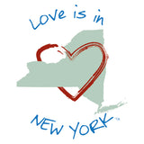 Love is in New York text arched above/below the state of New York with an interlocking heart.