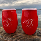Red plastic 15 oz tumbler with a jockey riding a horse; clear lid with a red closure tab.  2-Pak