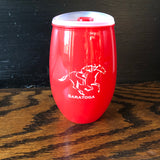 Red plastic 15 oz tumbler with a jockey riding a horse; clear lid with a red closure tab. 