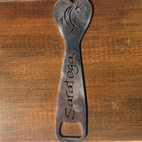 Stainless Horse in a heart bottle opener with Saratoga spelled out.