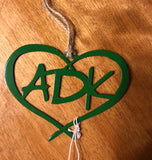 ADK in a heart metal ornament with a natural hemp hand tied hanger; color green