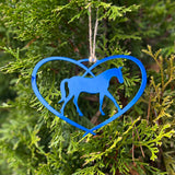 Blue metal Horse in a heart ornament with twine hanger.